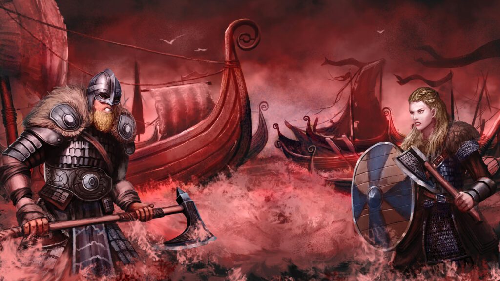 Viikingid meres seismas, laevad taustal