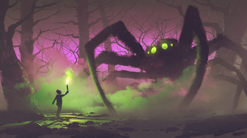 Halfling holding up a torch to a huge spider with green eyes